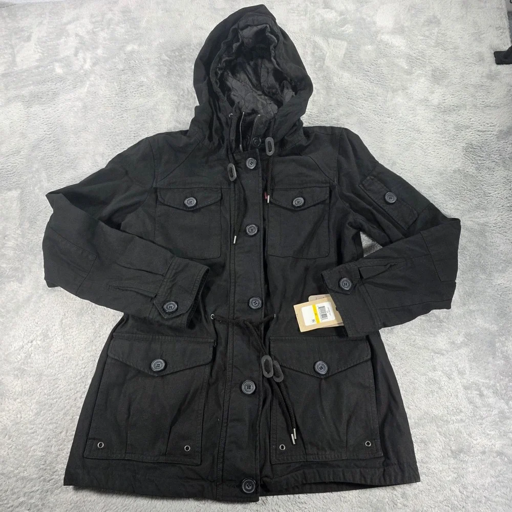 Levi's Women Medium Black Denim Field Jacket Hooded‎ Military Utility Cargo Coat